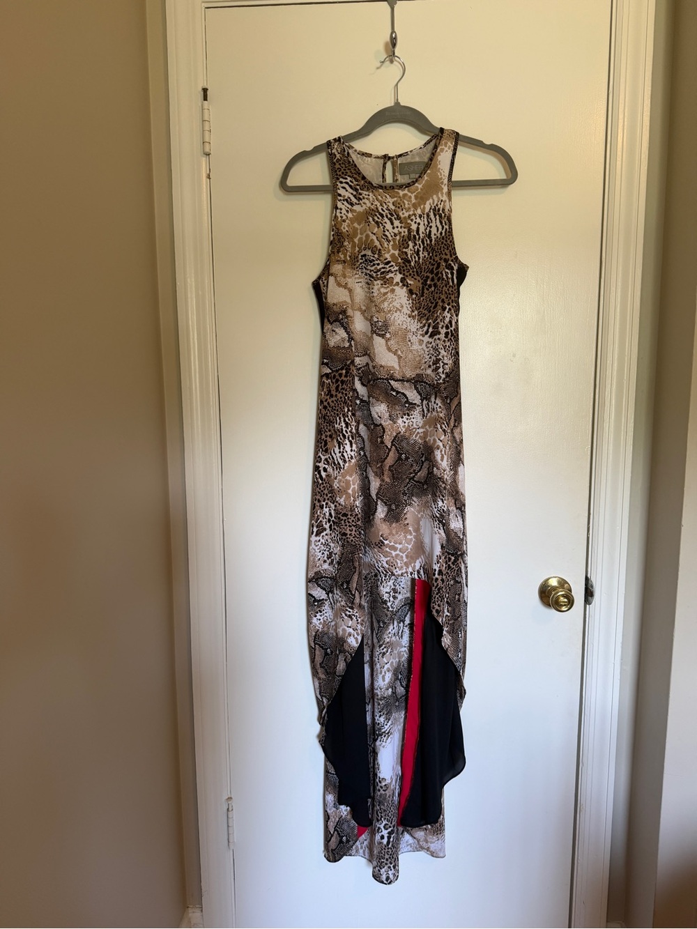 Animal Print High-Low Maxi Dress with Contrast Panels